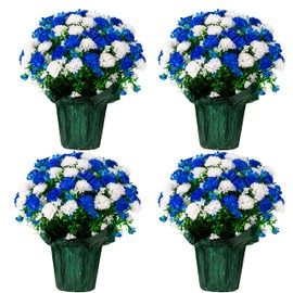 Sympathy Silks Artificial Flowers Weighted Pot Bouquet Decoration - Height 18"-20" - Fade Resistant - Home Decor, Office, or Memorial - 4 Pack of Blue and White Mum Pots
