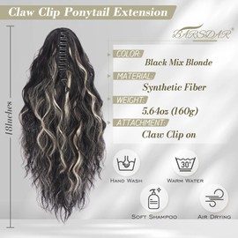 BARSDAR 18 Inch Claw Clip Highlight Ponytail Extension – Thick Soft Wavy Curly Clips in Ponytail Hairpieces for Women – Natural Looking Synthetic Claw Clip Hair Extensions – Black Mix Blonde