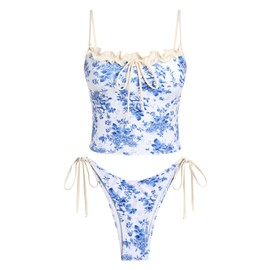 ZAFUL Tankini Swimsuits for Women Tie Front Tummy Control Spliced Ruffles Bikini Sets Two Piece Bathing Suits(3-Blue Flower, M)