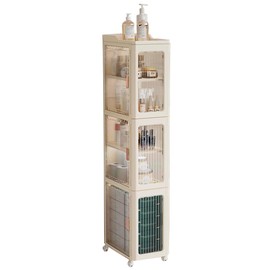 6-Tier Tall Narrow Storage Cabinet, Bathroom Cabinet with Transparent Doors and Movable Wheels, Plastic Foldable Storage Cabinets for Small Space, Bathroom, Kitchen, Laundry (Cream Yellow+Transparent)