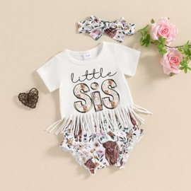 BSaogr Toddler Girl Western Outfit Tassel T-shirt Cow Flower Print Shorts Headband 3Pcs Sisters Matching Sets Summer Clothes (Little White, 0-3 Months)