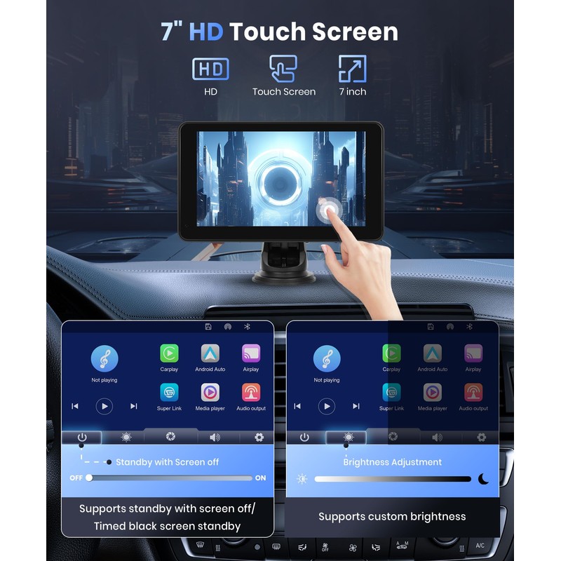 Podofo Wireless Carplay Screen for Car,7inch 1080P HD IPS Touch