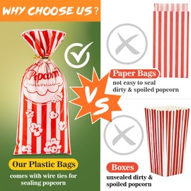 MAQIHAN 100 Popcorn Bags Individual Servings - Plastic Treat Bags with Tie