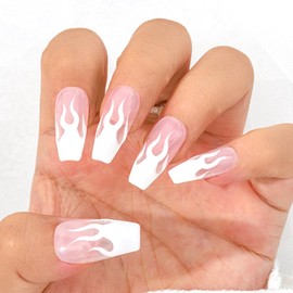 Sethexy French Long Coffin Pink False Nails Handmade Hand-painted White Flame Press On Nails Glossy Simple Acrylic Fake Nails Salon Quality Nail Art Removable for Women and Girls (R)