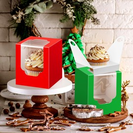Sayglossy 50 Pcs Christmas Cupcake Boxes Individual with Insert Window 3.62 x 3.62 x 4.33 Inch Cupcake Containers for Xmas Muffin Dessert Single Cupcake Box Wedding Birthday Party Supplies