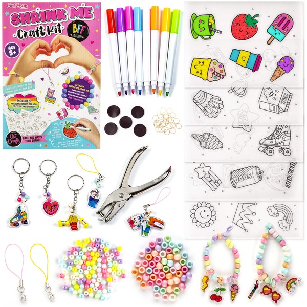 GirlZone Shrink Me Craft Kit, Create Shrink Art with Shrink Film, Key Chains, Bracelets, Pre-Printed Shrink Sheets, Funny Gift Idea, for Crafts for Children