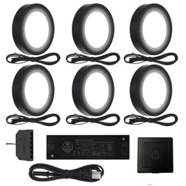 VST Under Cabinet Lighting Plug in with Wired Touch Dimmer Switch,Recessed or Surface Mount Design,Warm White 3000K 12V 2W(12W Total, 60W Equivalent),6 Pack Black Puck Lights Fixtures