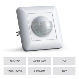 SEBSON Motion Sensor Indoor Flush-Mounted – LED Suitable for Wall Mounting, IR Motion Sensor Programmable – Installation 60 x 49 x 32 mm – Range Sensor 10 m/190°, 3-Wire