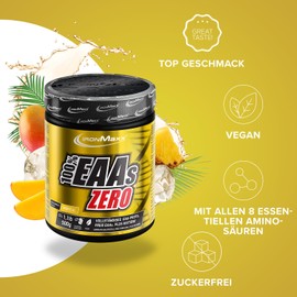 IronMaxx 100% EAAs Zero - Tropical 500g Dose | EAA-Pulver, vegan und zuckerfrei mit allen 8 essentiellen Aminosäuren | fruchtiger Geschmack, frei von Konservierungsstoffen