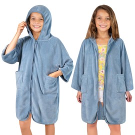 SUN CUBE Hooded Towel Robe for Kids, Zip Up Swim Parka Beach Cover Up for Girls, Surf Poncho for Boys Warm Changing Bath Towel for Pool with Zipper Hood 7-10, Light Blue