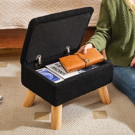 YMYNY Storage Ottoman, Footstool, Small Foot Stool with Sturdy Wood Legs Stool, Teddy Velvet Foot Rest with Padded Seat, for Living Room Bedroom Couch Enterway 15.75''D×11.81"W×11.02"H Black UHBD042B
