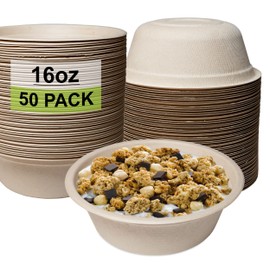 [50 Pack] 16 oz Compostable Paper Bowls Heavy-Duty Disposable Bowls, Eco-Friendly Natural Bagasse Unbleached, Hot or Cold Use, 100% Biodegradable Soup Bowls Sugarcane