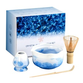 Natural Crystal Flower Matcha Set - 4 Pcs Food Grade Matcha Kit with Spouted Bowl, Matcha Whisk, Scoop and Chasen Holder - Matcha Tea Ceremony Gift for Matcha Lovers (Mist Azure)