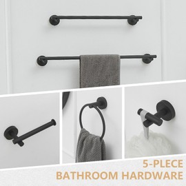 BATHLAVISH Matte Black Bathroom Accessories Set Hardware 5 Piece s 24" Towel Bar Holder Set, Hand Towel Holder, Toilet Paper Holder, Towel Ring and Robe Hook, Stainless Steel Wall Mounted