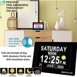 MAXCULUX 【Upgraded】 Digtal Clock with Voice-Talking Day and Date, 19 Alarms & Custom Reminders, 1280 * 800p HD Dsiplay, 10-Levels Dimmer, Auto DST, Sleep Trainer for Elderly Dementia, with Remote