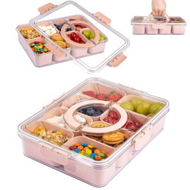 U-QE Pink Snackle Box Container with 8 Small Snacks Box - Dishwasher Safe - Premium Plastic Divided Serving Tray with Lid and Handle for Snack, Veggie, Fruits, Perfect for Party, Picnic, Entertaining