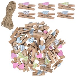 50 Pcs Wooden Photo Display Clips Colored Mini Wooden Heart pegs, Craft Photo Clips DIY Craft Clips with Jute Twine String, Wall Hanging Picture and Cards (3.5cm)