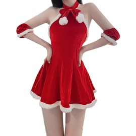 Unibaby Women's Mrs. Claus Santa Costume Adult Costumes Red Velvet Christmas Halter Backless Fancy Dress Lady Cosplay Outfit (Red)