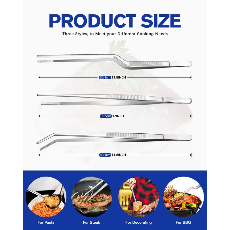 Fine Cooking Tweezers Set, Professional Stainless Steel Food Tongs, Kitchen
