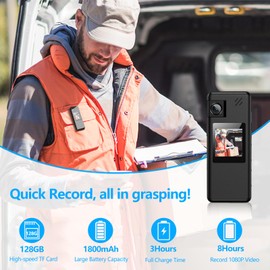 Hoestr 128GB Body Camera, 1080P Body Cam with 180° Rotating Lens and Improved Back Clip, Video Camera with Audio and Video Recording for Police Enforcement, Delivery, Indoor