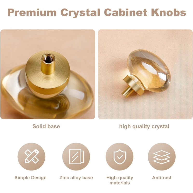 CLCTK 16 Pack Gold Champagne Crystal Cabinet Knobs, Oval Glass