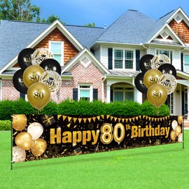 RUMIA 80th Birthday decor for Men Women Black Gold, Black & Gold Birthday Yard Banner & 18 PCS 80th Happy Birthday Balloons Anniversary Birthday Party Supplies Indoor Outdoor Yard Decor (8E-HCX)