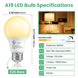 VOLIVO 12 Pack LED Light Bulbs, 60 Watt Equivalent A19 LED Bulb, Soft White 2700K, 9W E26 Standard Base, UL Listed 800 Lumens 120V, Non-Dimmable, Energy Saving Lightbulbs for Bedroom Indoor
