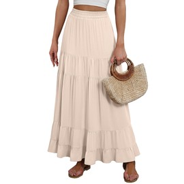 ANRABESS Womens Maxi Skirt Elastic High Waist Swing Tiered A-line Flowy Pleated Boho Beach Vacation Long Skirts Beige Large