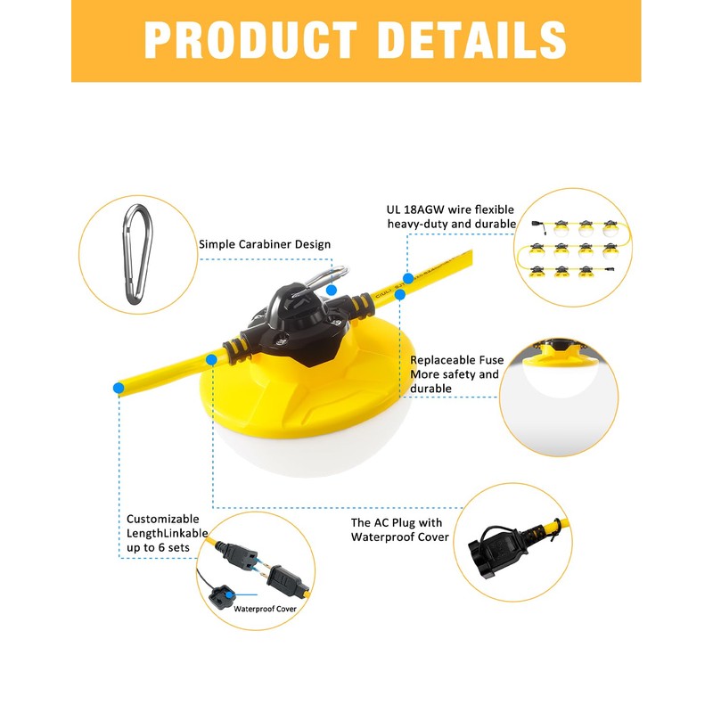 JC-LGL 100FT Construction String Light 130W 16000Lm, 5000K Industrial Grade