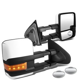 Auto Dynasty Compatible with Silverado/Sierra Powered Heated Amber Signal Chrome Towing+Round Blind Spot Mirror