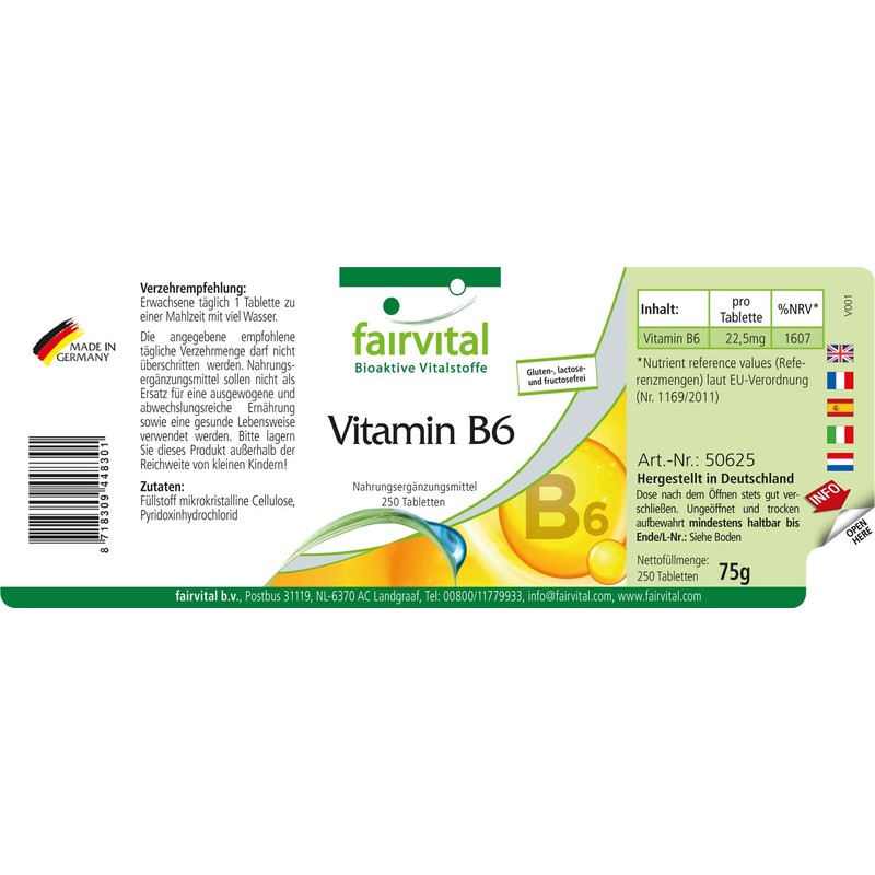 Fairvital Vitamin B6 Tablets - High Dose - Vegan -