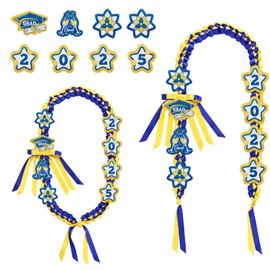 9pcs Graduation Leis Set, Class of 2025 Graduation Neck Garland Braided Necklace Star Flower Ribbon Lei Decorations Grad Gifts for High School & College Ceremony Party (Blue Gold)