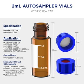 SimPure 2mL Autosampler Vials with Writing Area and Graduations, 9-425 HPLC, Screw Cap, White PTFE & Red Silicone Septa, 500 Pcs