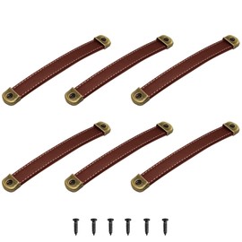 AUXBC Box Leather Handles, Wooden Box Handle, Brown Antique Furniture Handles, PU Suitcase Pulls for Vintage Cabinet, Door, Drawer, Dresser with Tapping Screws, 3.7 Inch Hole to Hole, 6pcs