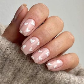 24pcs Valentines Nails Press on Nails Short Square Nude Fake Nails with White Heart Design Heart Acrylic Nails Supply Valentines Day Full Cover False Nails Stick on Nails for Women and Girls