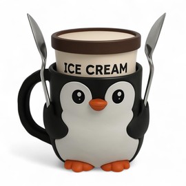 Ice Cream Pint Holder – Fits Standard Pints – Dual Spoon Sockets – Keeps Hands Warm – Fun Unique Designs with Vibrant Colors – Reusable Ice Cream Sleeve - Ramen Noodle Holder (Penguin)