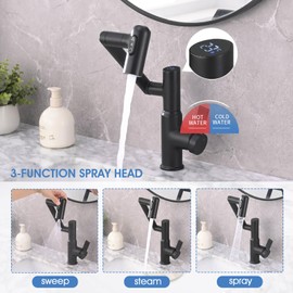 Chomley Bathroom Faucet, Rotatable Faucets with Temperature Display(Batteries-Free), 3 Water Outlet Modes Single Hole Faucet for Bathroom Sink (Matte Black)