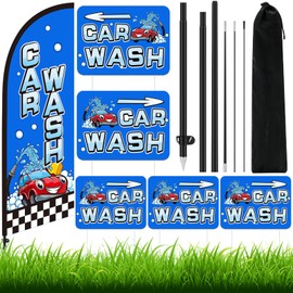 Car Wash Feather Flagpole Kit Include 7 ft Banner Flag with Poles 5 Pcs Car Wash Sign and 10 Pcs Ground Stake for Outside Business Stores Shops Decoration