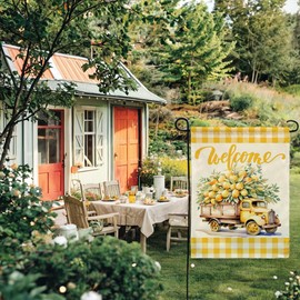 Summer Holiday Garden Flag Welcome Vintage Yellow Truck with Lemons Design Double Sided Farmhouse Decorative Small Burlap Flags 12.5 x 18 Inch for Outdoor Seasonal Porch Lawn Decor (Yellow)
