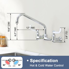 Favorpo Wall Mount Commercial Sink Faucet Long Handles Wall Mounted Kitchen Faucet 8 Inch Center Swivel Spout for Utility Laundry Restaurant Sink(Polished,12")