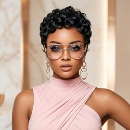 HANASCC Pelucas de cabello humano ultra cómodas con corte Pixie para mujeres negras, sin pegamento, peluca corta Bob 100% cabello humano real, ligera,