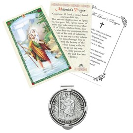 Round St Christopher Visor Clip Medal for Car - Laminated Motorist's Saint Christopher Prayer Card, The Lord's Prayer | Catholic Patron Saint of Travelers, Highway, Road Travel Themed Set, 3 Items