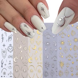 6 Pcs Sun Moon Star Nail Stickers for Nail Art, 3D Self-Adhesive Gold Silver Gothic Nail Decals, Boho French Nail Supplies Nail Art Design Accessories for Women and Girls Manicure DIY Decoration