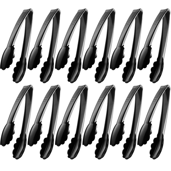 Plastic Tongs for Serving (Pack of 12) 9 Inch - Heavy-Duty Hard Plastic Reusable or Disposable Serving Tongs for Catering, Dinner Parties, Banquets, Buffets, Events, Weddings, and Everyday Use, Black