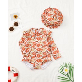 SUNNY PIGGY Baby Girl Swimsuit Toddler Long Sleeve One Piece Back Zipper Floral Print Ruffled Swimwear Bathing Suit Guard Rash with Hat Wear Orange