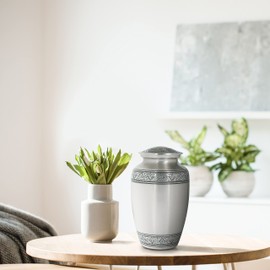 Lightnpro Hand Engraved Pewter Cremation Urn for Human Ashes, A Beautiful Decorative Funeral Burial Cardinal Large Funeral Urn for Your Loved Ones Remains with Elegant Finish - 10 Inch Antique Silver