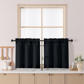 Chyhomenyc Black Kitchen Curtains 24 Inch Length, Light Filtering Faux Linen Textured Small Cafe Curtains, Rod Pocket Short Window Curtain for Cabinet Bathroom Basement RV Camper, 30Wx24L, 2PCS