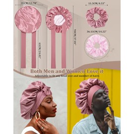 Reversible Satin Bonnet for Sleeping Women Double Layer Hair Bonnet with 2PCS Hair Scrunchies Elastic Tie Band Night Cap, Bean Paste + Pink, One Size