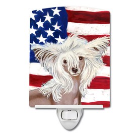 Caroline's Treasures LH9031CNL USA American Flag with Chinese Crested Ceramic Night Light Compact, UL-Certified, Ideal for Bedroom, Bathroom, Nursery, Hallway, Kitchen, 6x4x3, Multicolor