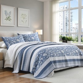 DDUOXIN Farmhouse Botanical Queen Quilt Set - 100% Cotton Quilts with 2 Pillow Shams, 3 Piece Bedspread Lightweight Bedding Sets for All Seasons, Blue/White/Gray, Queen(90" W x 98" L)